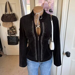 Y2K 2000s grunge mcbling Black Velour Rhinestone Zip Jacket